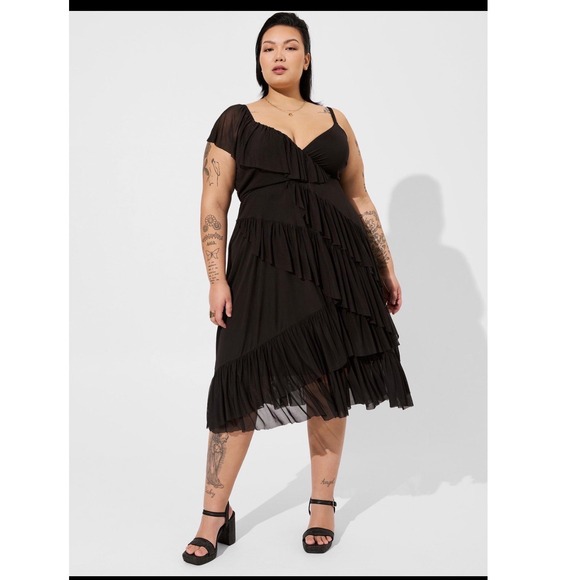 torrid Dresses & Skirts - Torid Midi Mesh Ruffle Surplice Asymmetrical Dress x3 3X 22-24 cocktail party